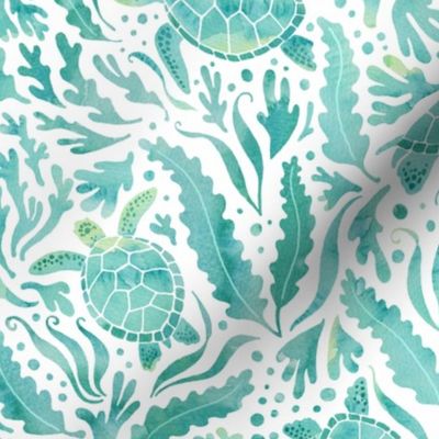 Watercolour turtles and seaweed - aqua green  medium-large  scale