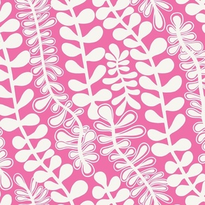 White fern moss on hot pink - Matisse inspired cut outs - simple paper cut out shapes - botanical leaf - medium 2