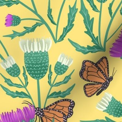 Monarch Butterflies and Thistles on Yellow (10x10)