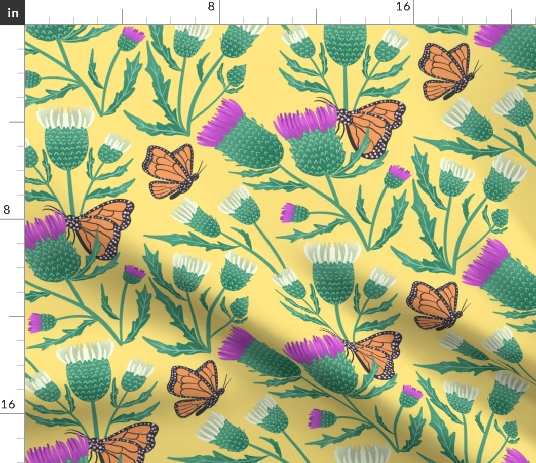 Monarch Butterflies and Thistles on Yellow (10x10)