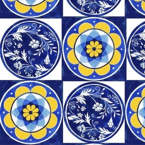 Italian Floral Tiles in Saffron, Cobalt Blue, and White