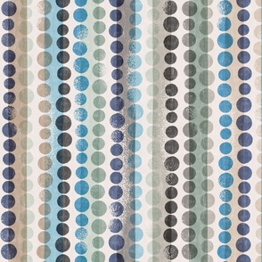 medium scale Loose Geometric multicoloured spotty stripe / blue and taupe colorway