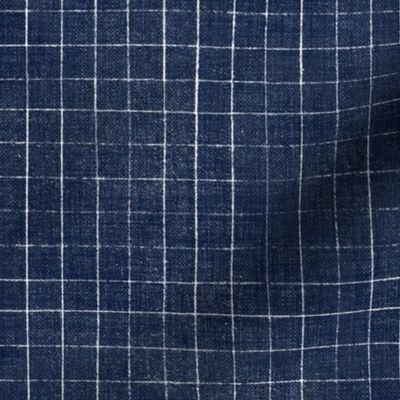 Hand Drawn Checks on Deep Navy Blue (large scale) | Rustic fabric in dark blue and white, linen texture checked fabric, windowpane fabric, tartan, plaid, grid pattern, squares fabric.