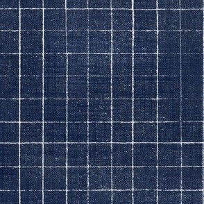 Hand Drawn Checks on Deep Navy Blue (xl scale) | Rustic fabric in dark blue and white, linen texture checked fabric, windowpane fabric, tartan, plaid, grid pattern, squares fabric.