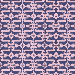 Humpback Whale Song with Starfish, Jellyfish, & Octopus in Navy on Pink, SMALL
