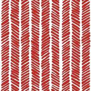 Hand Drawn Doodle Herringbone Stripes, Poppy Red and White (Medium Scale)