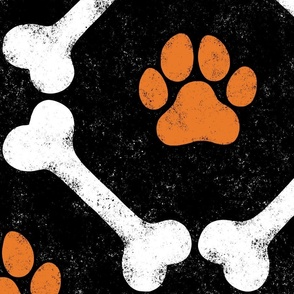 Dog Bones and Paw Prints - Halloween Orange on Black by Angel Gerardo - Jumbo Scale