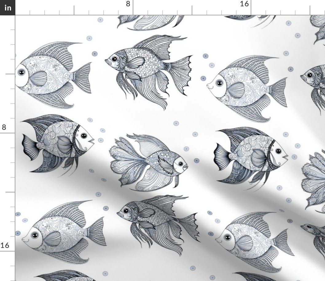 Fancy Fish line art Cyan blue and white 
