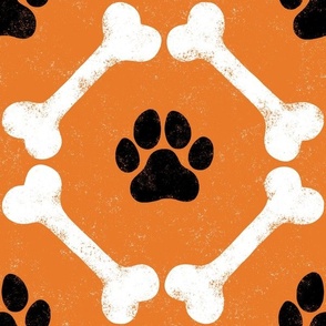 Dog Bones and Paw Prints - Halloween Black on Orange by Angel Gerardo - Large Scale