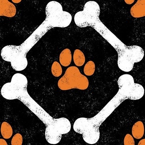 Dog Bones and Paw Prints - Halloween Orange on Black by Angel Gerardo - Large Scale