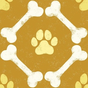 Dog Bones and Paw Prints - Boho Mustard Gold Yellow by Angel Gerardo - Large Scale