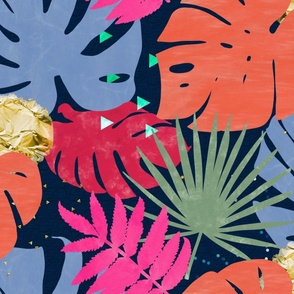 Colorful Tropical Leaves with Blue and Gold - Large Scale