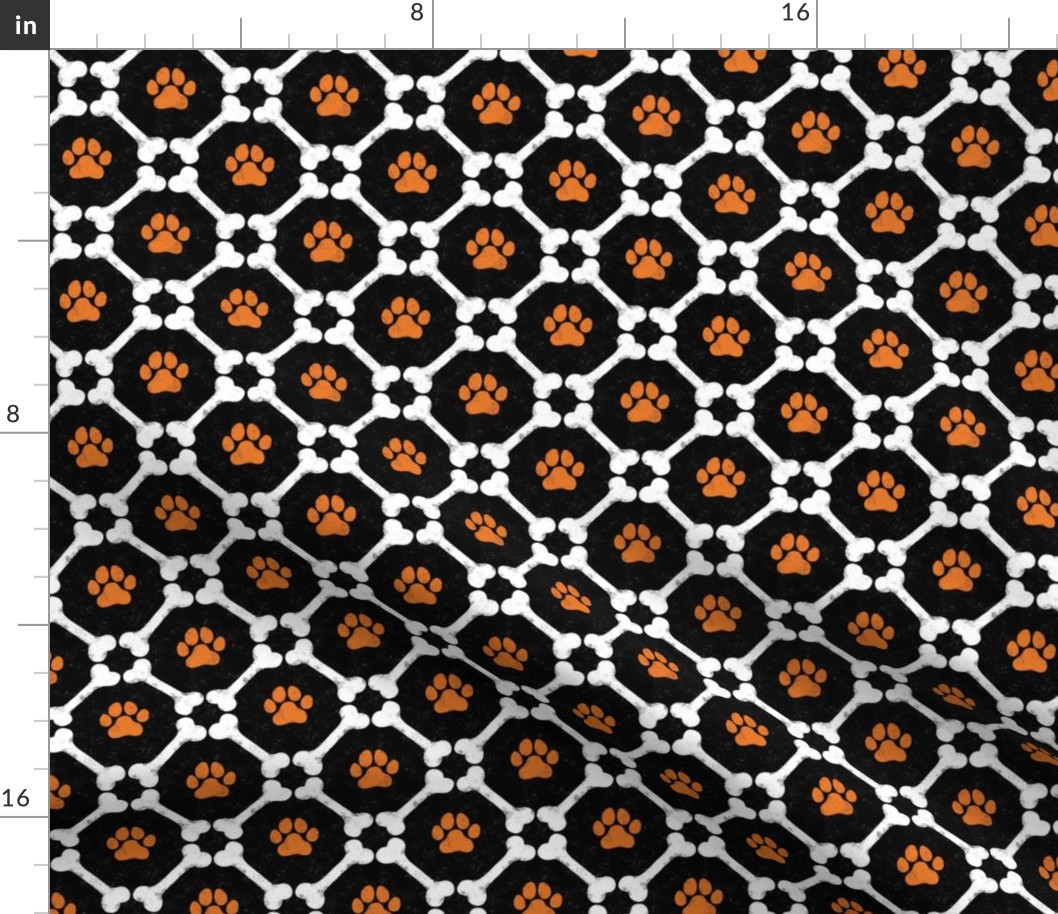 Dog Bones and Paw Prints - Halloween Orange on Black by Angel Gerardo - Small Scale