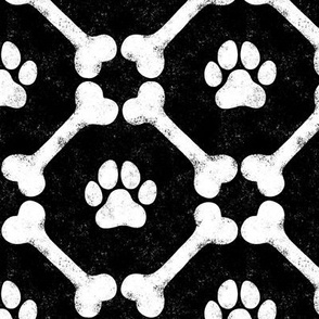 Dog Bones and Paw Prints - Black and White by Angel Gerardo