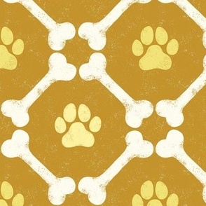 Dog Bones and Paw Prints - Boho Mustard Gold Yellow by Angel Gerardo