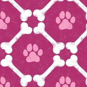 Dog Bones and Paw Prints - Berry Dark Pink by Angel Gerardo