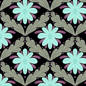 Aqua Boho Floral Diamond Pattern on Black 