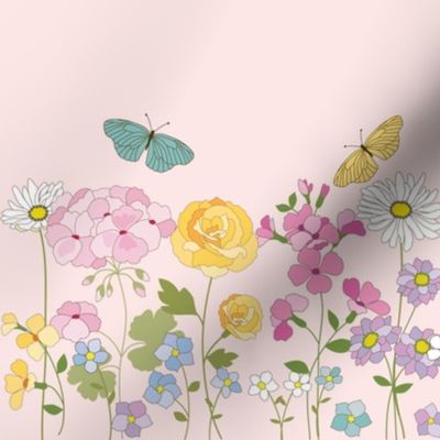 Border Print, Flower Garden and Butterflies over pink