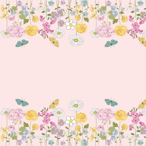 Border Print, Flower Garden and Butterflies over pink