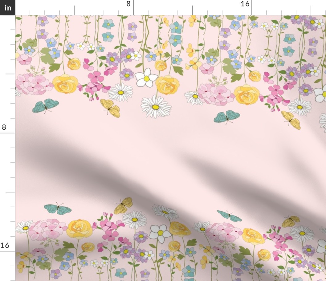 Border Print, Flower Garden and Butterflies over pink