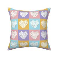 Checkerboard Daisy Hearts Pastel Colorful Flowers Pink Aqua Yellow Lavender Medium Scale  