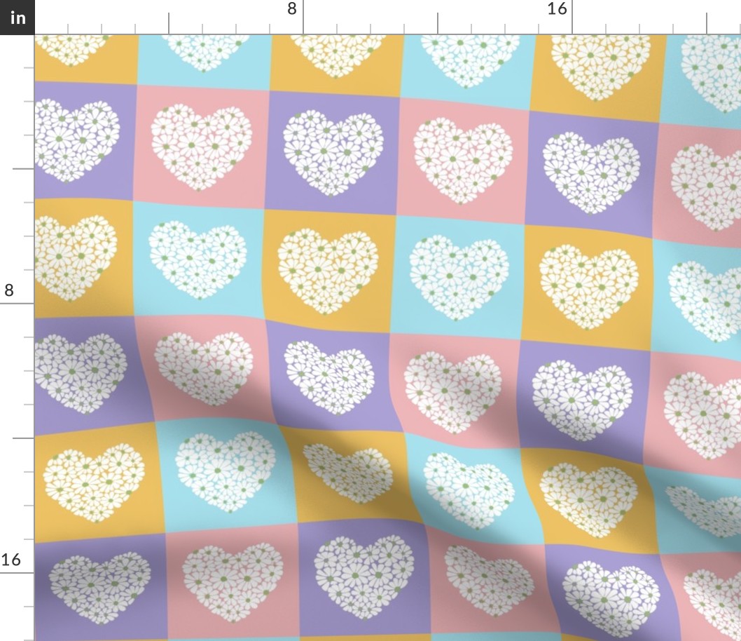 Checkerboard Daisy Hearts Pastel Colorful Flowers Pink Aqua Yellow Lavender Medium Scale  