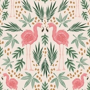 Small Tropical Flamingo Symmetrical with Leaves (Beige) (6")