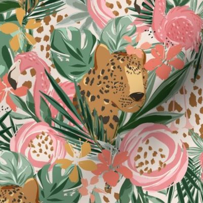 Large Tropical Cheetah and Flamingo Floral (10.5" Fabric/12" Wallpaper)