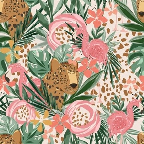 Tropical Cheetah and Flamingo Floral (10.5" Fabric/12" Wallpaper)