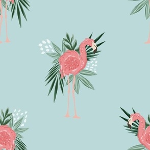 Large Tropical Flamingo with Leaves (Blue) (10.5" Fabric/12" Wallpaper)