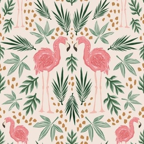 Large Tropical Flamingo Symmetrical with Leaves (Beige)  (10.5" Fabric/12" Wallpaper)