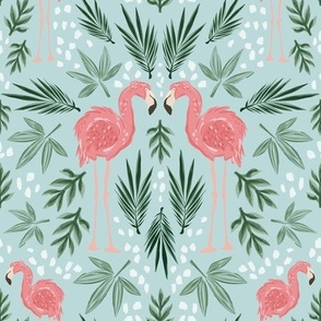 Large Tropical Flamingo Symmetrical with Leaves (Blue) (10.5" Fabric/12" Wallpaper)