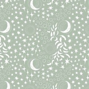 Moon Among the Stars - Ditsy Scale - Celadon Green and White - night sky constellations