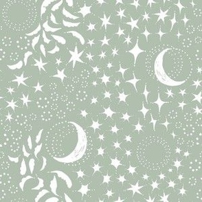 Moon Among the Stars - Small Scale - Celadon Green and White - night sky constellations