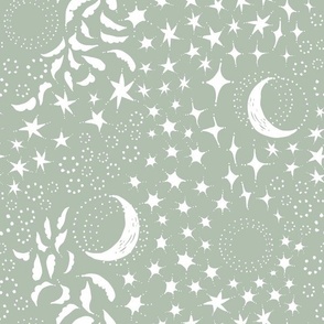 Moon Among the Stars - Medium Scale - Celadon Green and White - night sky constellations