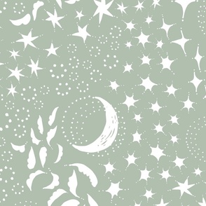 Moon Among the Stars - Large Scale - Celadon Green and White - night sky constellations