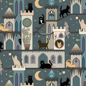 Realm of the cats, night - cat castle, climbing tree, moon and flowers - teal, blue-grey - extra large