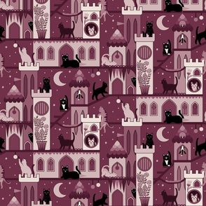 Realm of the cats, night - cat castle, climbing tree, moon and flowers - burgundy and dusty rose monochrome - medium