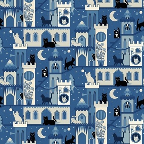 Realm of the cats, night - cat castle, climbing tree, moon and flowers - blue and cream monochrome - medium