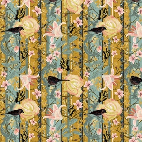 Birds Bees and Butterflies in the Garden on Mustard Yellow and Teal Modern French Country Stripes - Med