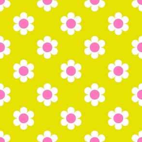 Retro Daisies - Citron Yellow and Pink Med.