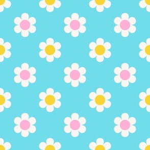Retro Daisies - Pink, White & Yellow on Light Blue Med.