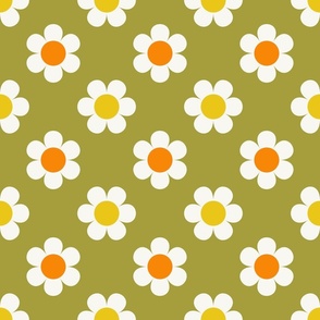 Retro Daisies - olive green, orange and gold Med.