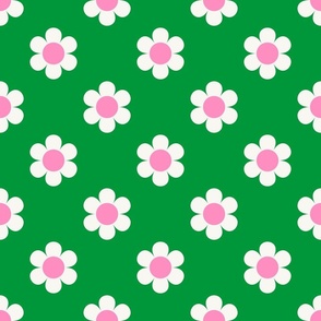 Retro Daisies - Green and Pink Med.