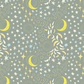 Moon Among the Stars - Ditsy Scale - Celadon Green and Yellow and Blues - night sky constellations