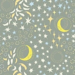 Moon Among the Stars - Small Scale - Celadon Green and Yellow and Blues - night sky constellations