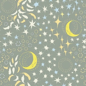 Moon Among the Stars - Medium Scale - Celadon Green and Yellow and Blues - night sky constellations