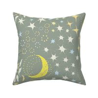 Moon Among the Stars - Large Scale - Celadon Green and Yellow and Blues - night sky constellations