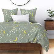 Moon Among the Stars - Large Scale - Celadon Green and Yellow and Blues - night sky constellations