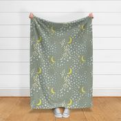 Moon Among the Stars - Large Scale - Celadon Green and Yellow and Blues - night sky constellations